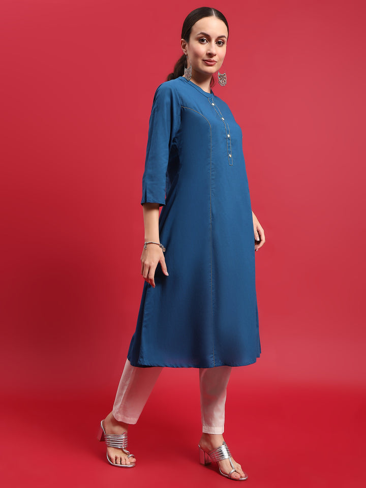 Women's Cotton Blue Solid Kurta