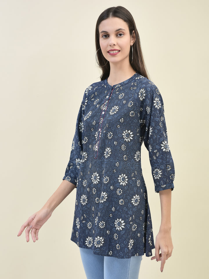 Women's Liva (Rayon) Indigo Floral Print Tunic