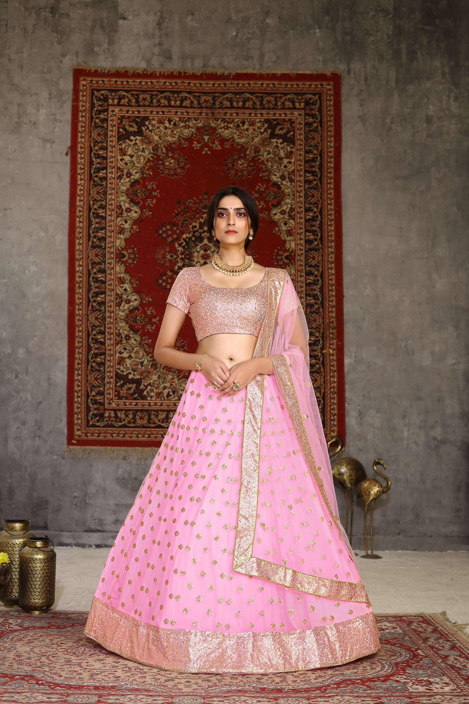 Women's Pink Net Sequence Embroidered Lehenga Set - Shubhkala