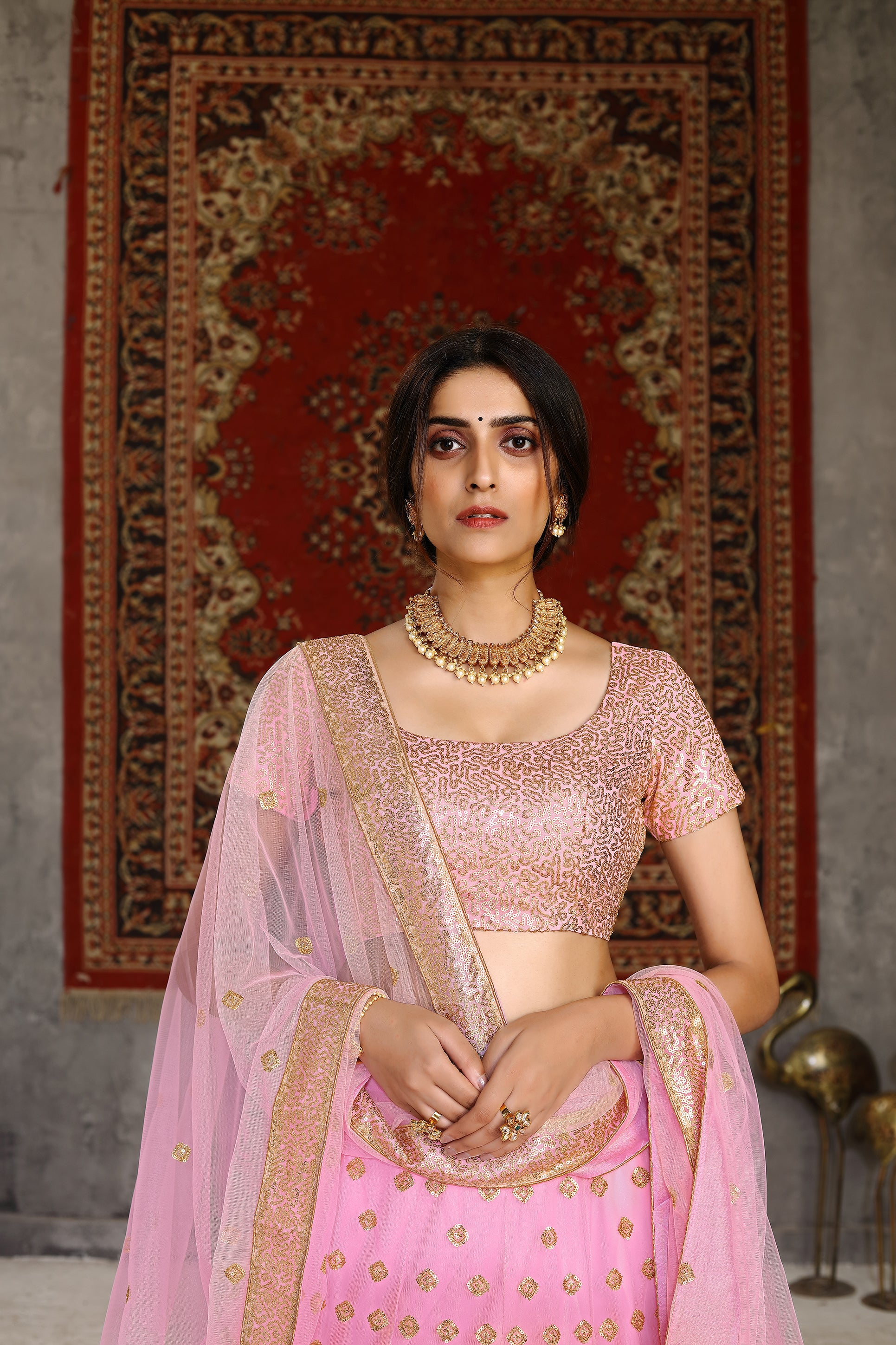 Women's Pink Net Sequence Embroidered Lehenga Set - Shubhkala