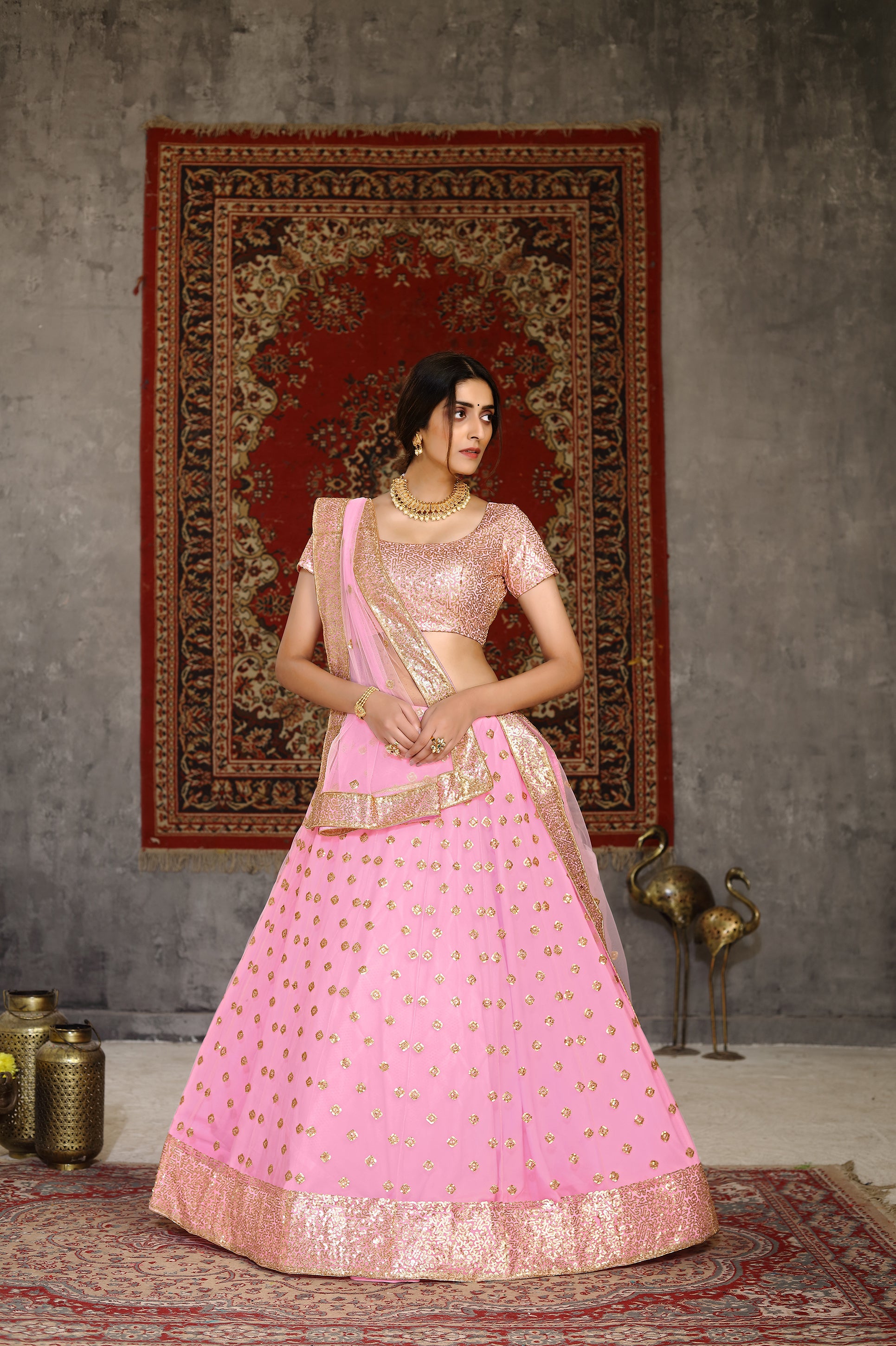 Women's Pink Net Sequence Embroidered Lehenga Set - Shubhkala