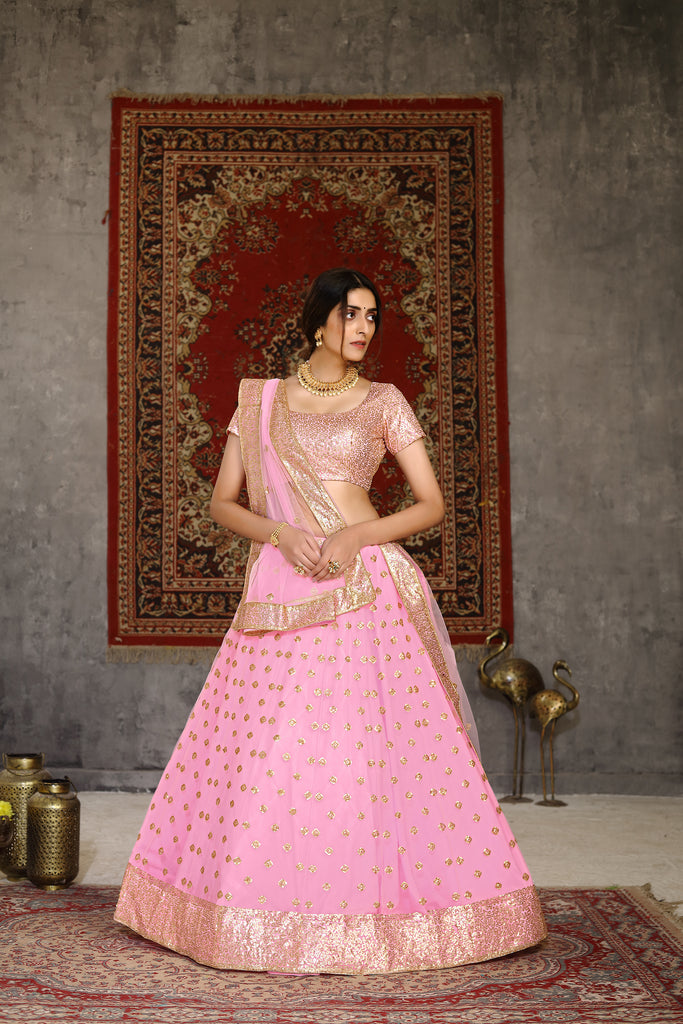 Women's Pink Net Sequence Embroidered Lehenga Set