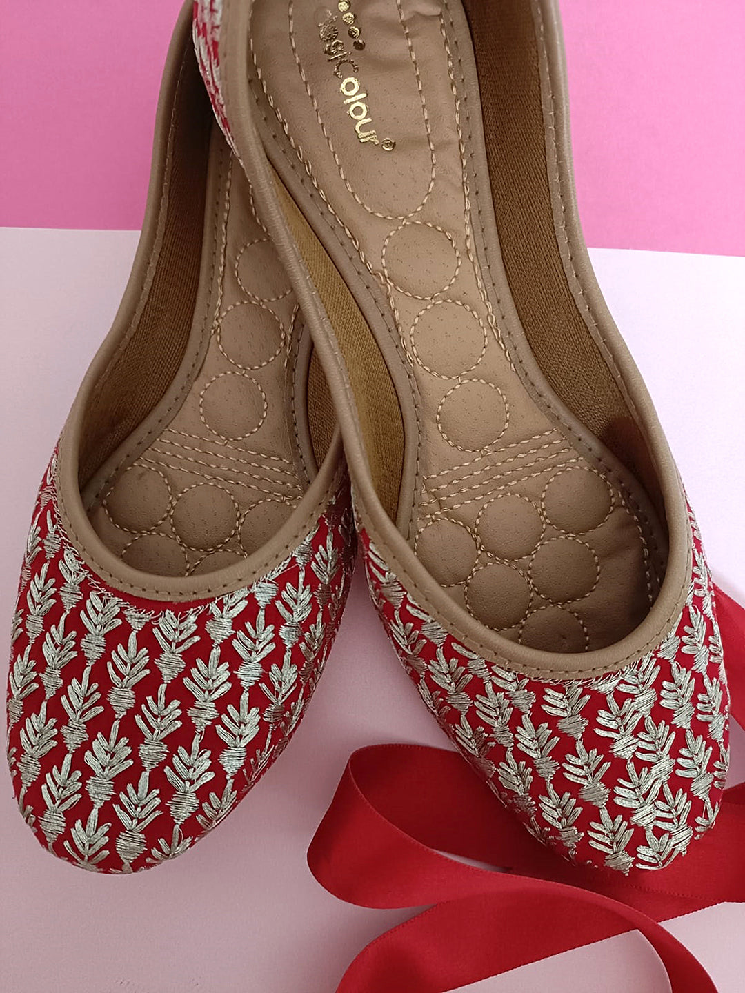 Women's Red Embroidered Party Wear Flat Comfort Footwear-4230