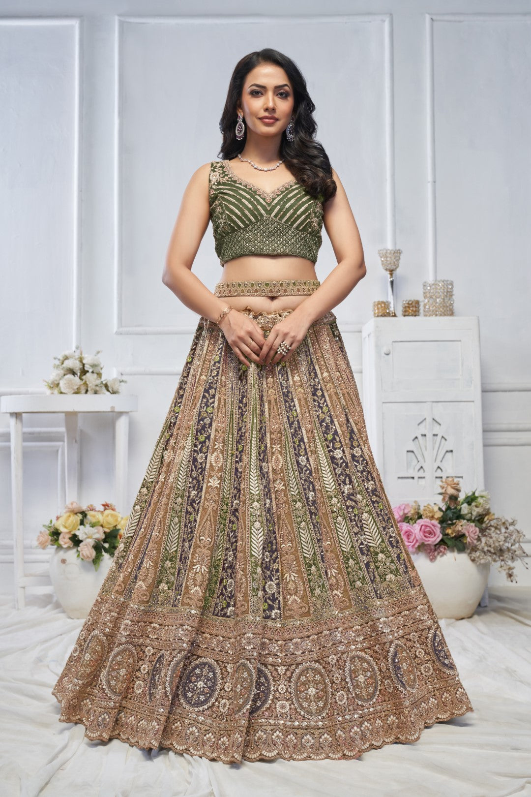 Women's Green Soft Net Embroidery Lehenga Set - Kesar Fab