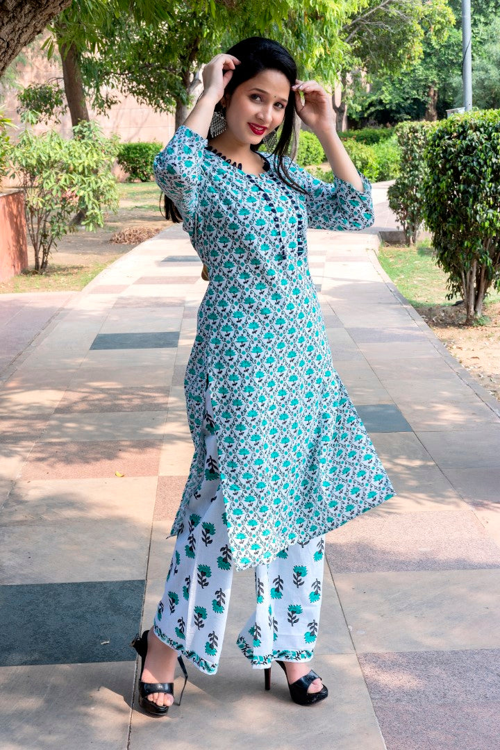 Womens Aqua Blue Cotton Printed Kurta Set - Noor Startup