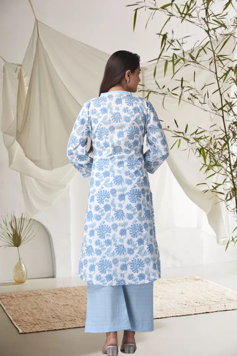 Women's White & Blue Cotton Floral Hilo Kurta Pants Set - (Set Of 2) - Nangalia Ruchira