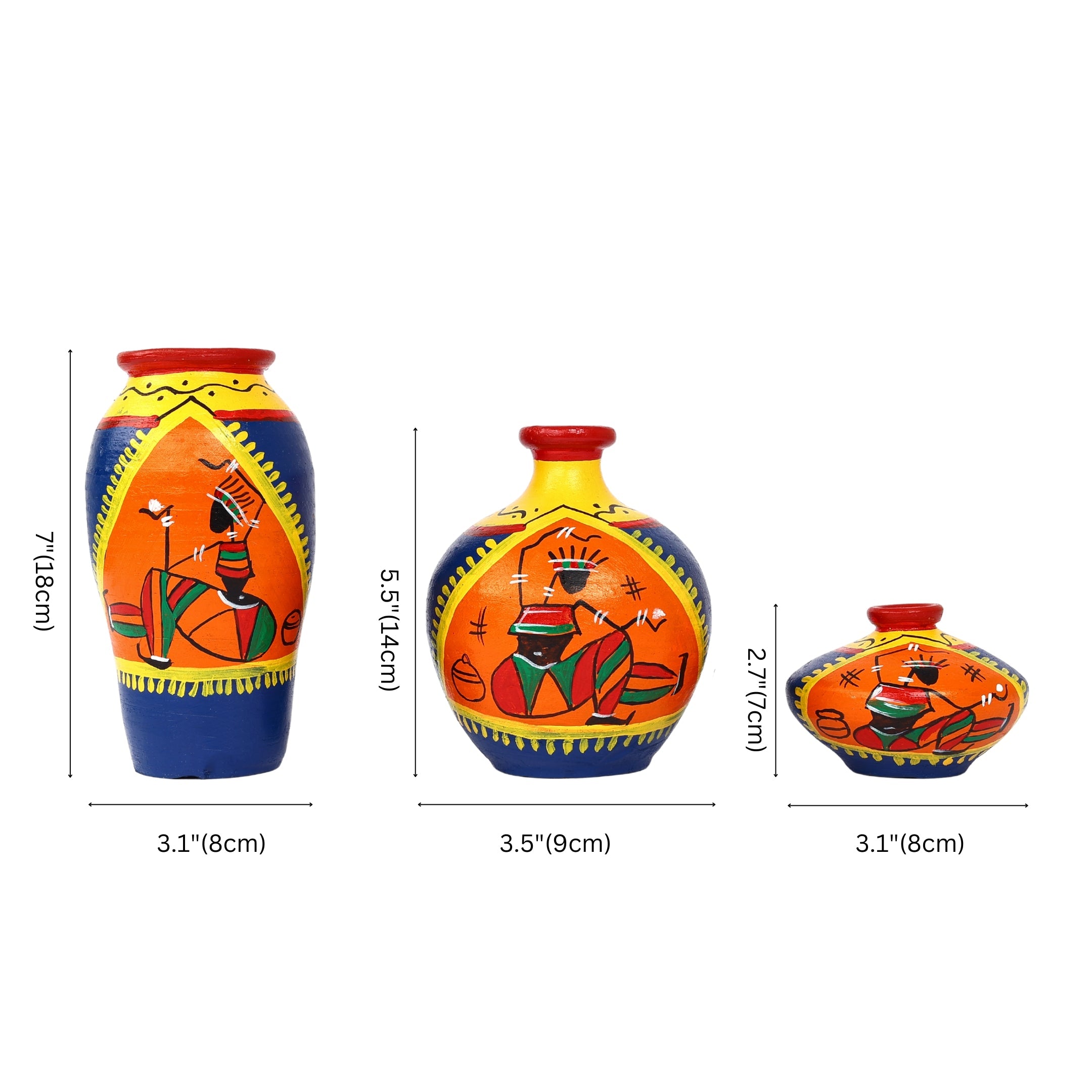 Handcrafted Blue and Orange Terracotta Pots for Home Decor - Set of 3 - Warli Hand Painting - Natriel