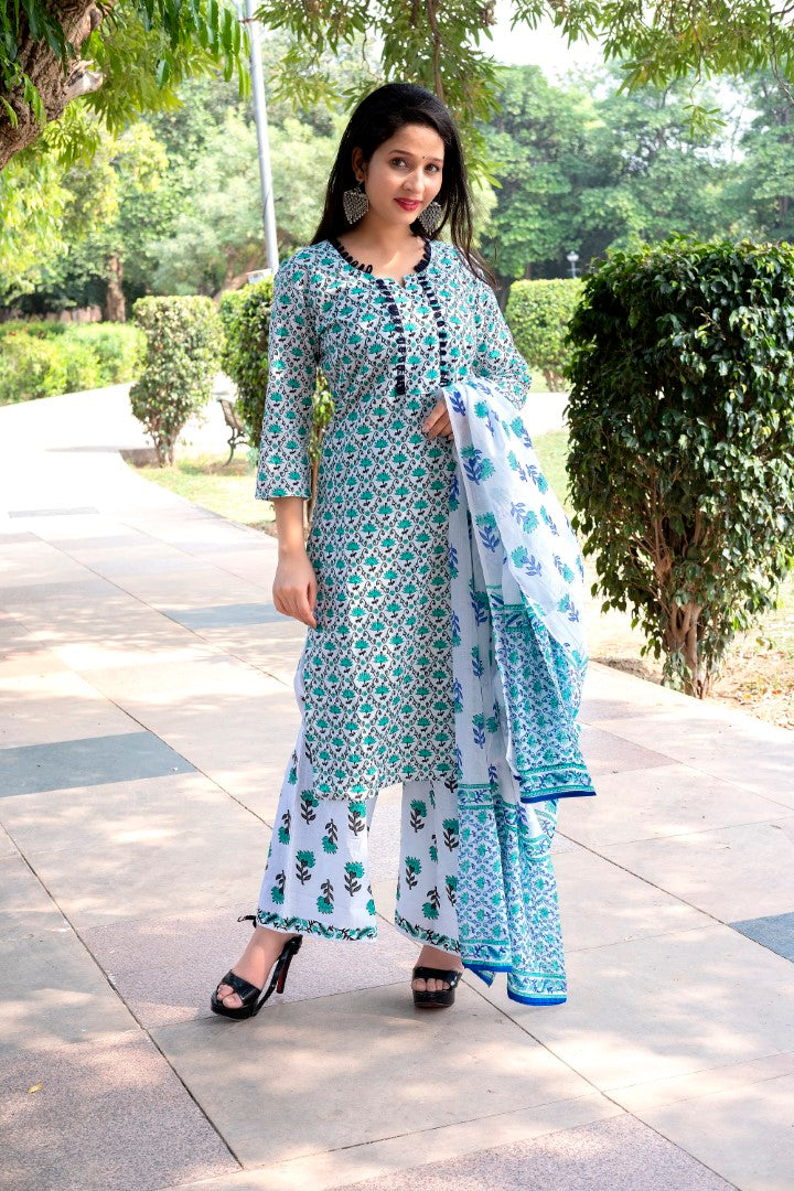 Womens Aqua Blue Cotton Printed Kurta Set - Noor Startup