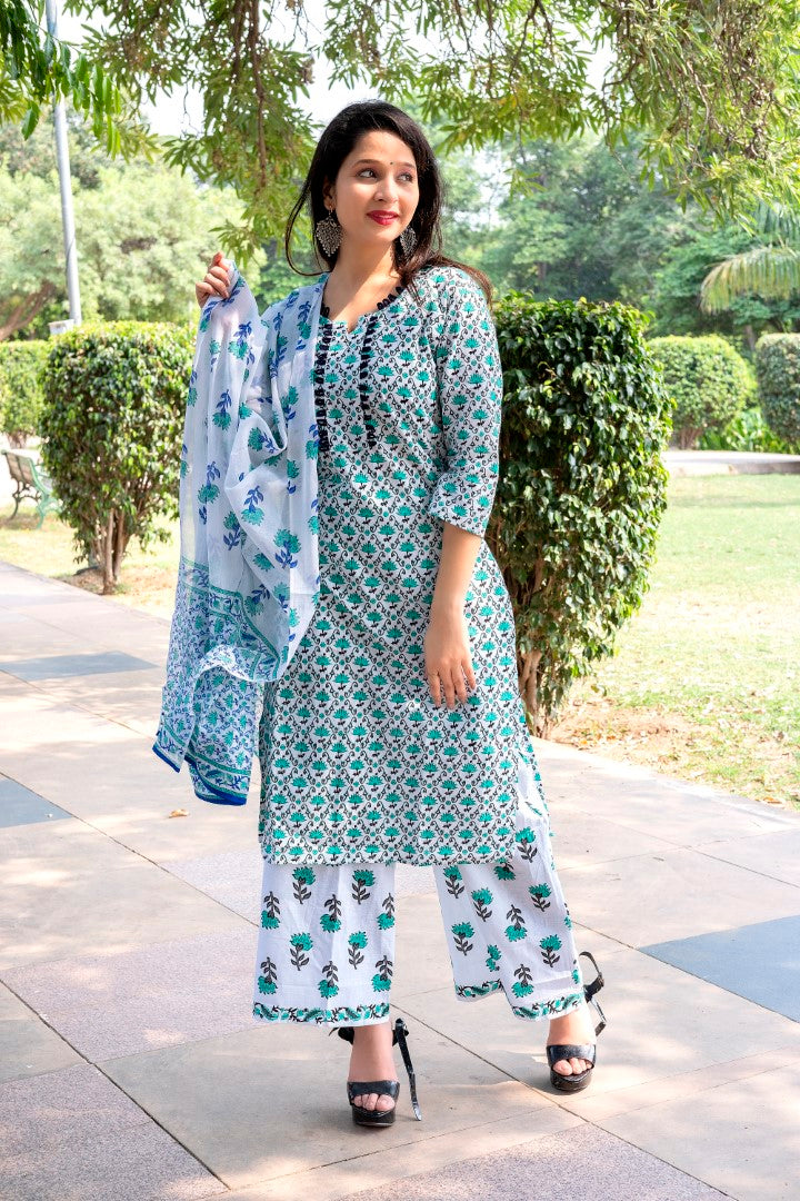 Womens Aqua Blue Cotton Printed Kurta Set - Noor Startup