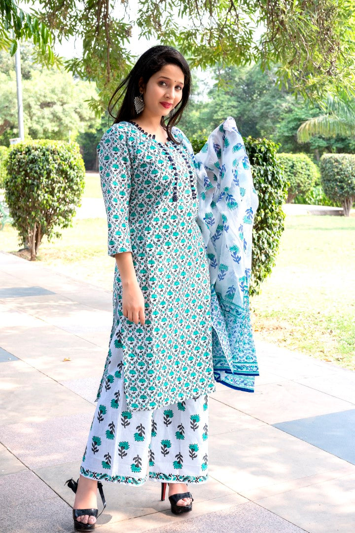 Womens Aqua Blue Cotton Printed Kurta Set - Noor Startup