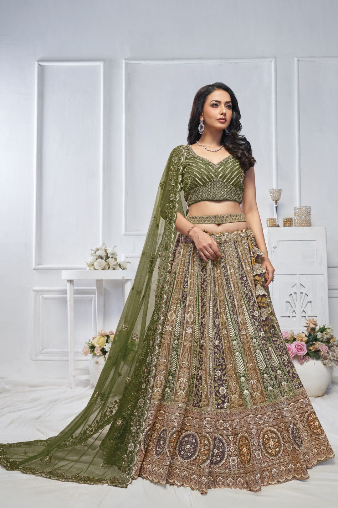 Women's Green Soft Net Embroidery Lehenga Set - Kesar Fab