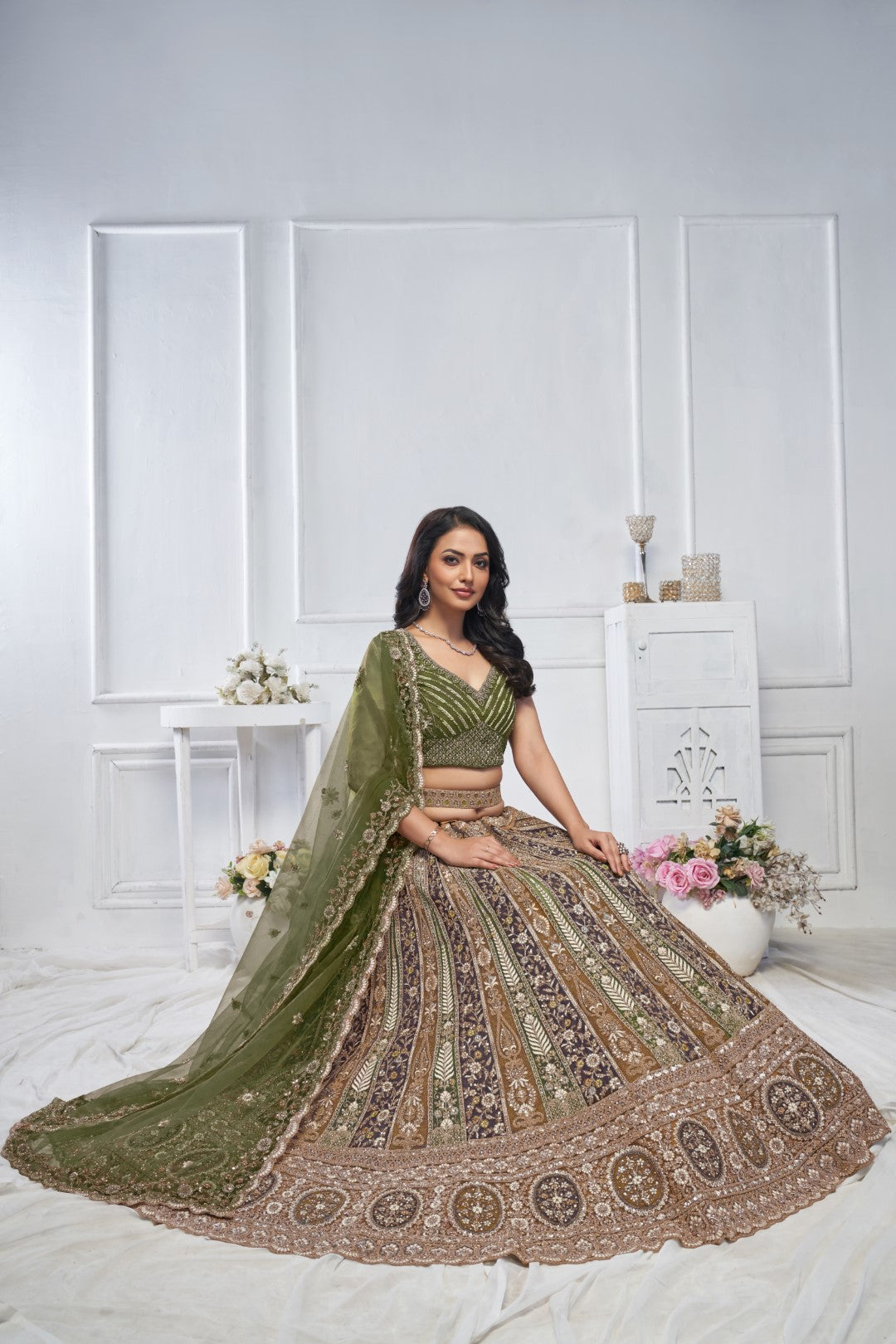 Women's Green Soft Net Embroidery Lehenga Set - Kesar Fab