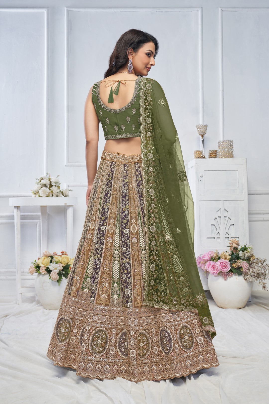 Women's Green Soft Net Embroidery Lehenga Set - Kesar Fab