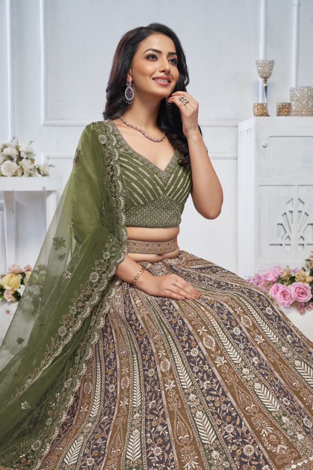 Women's Green Soft Net Embroidery Lehenga Set - Kesar Fab