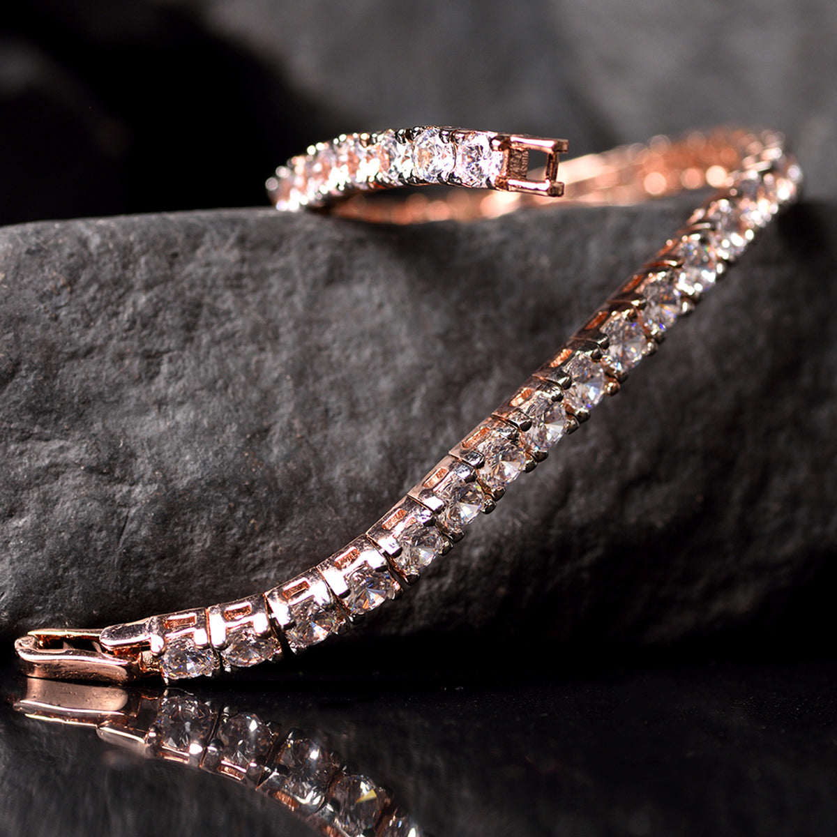 Rose Gold Plated White Ad Solitaire Studded Tennis Dainty Bracelet For Women And Girls