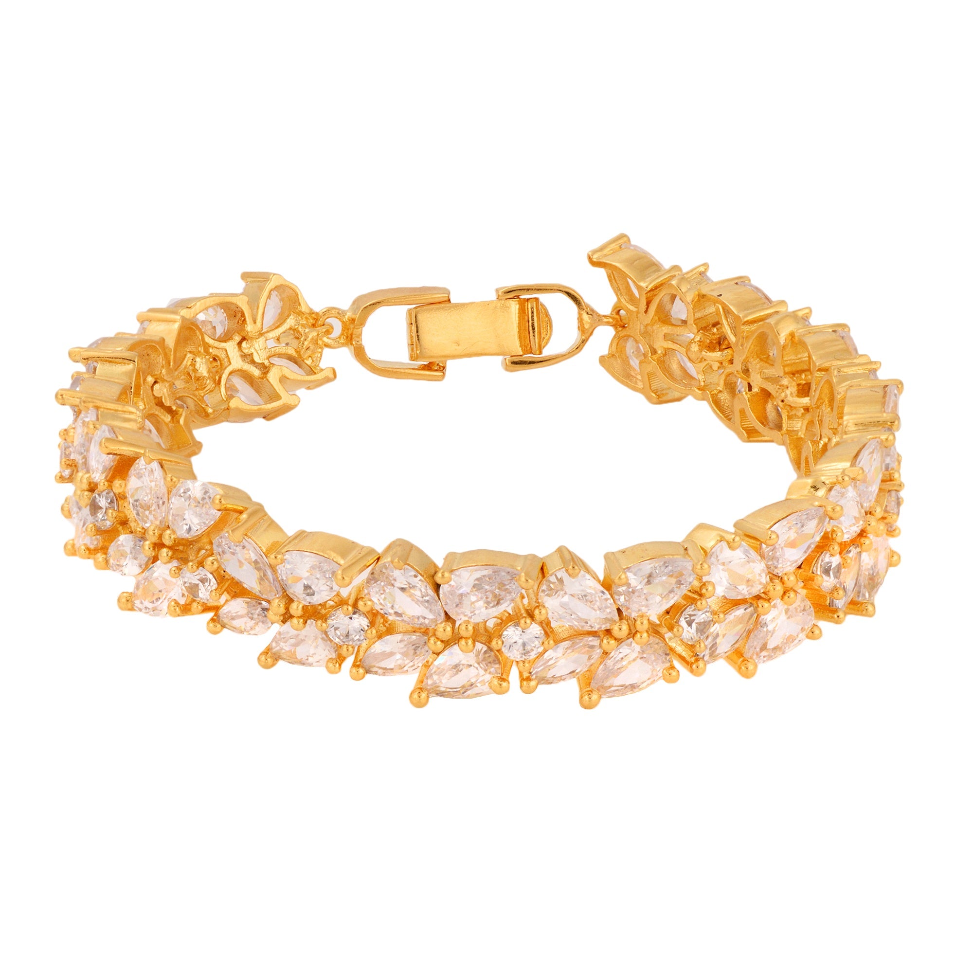 Rose Gold Plated Leaf Design White Ad Studded Designer Tennis Bracelet For Women And Girls