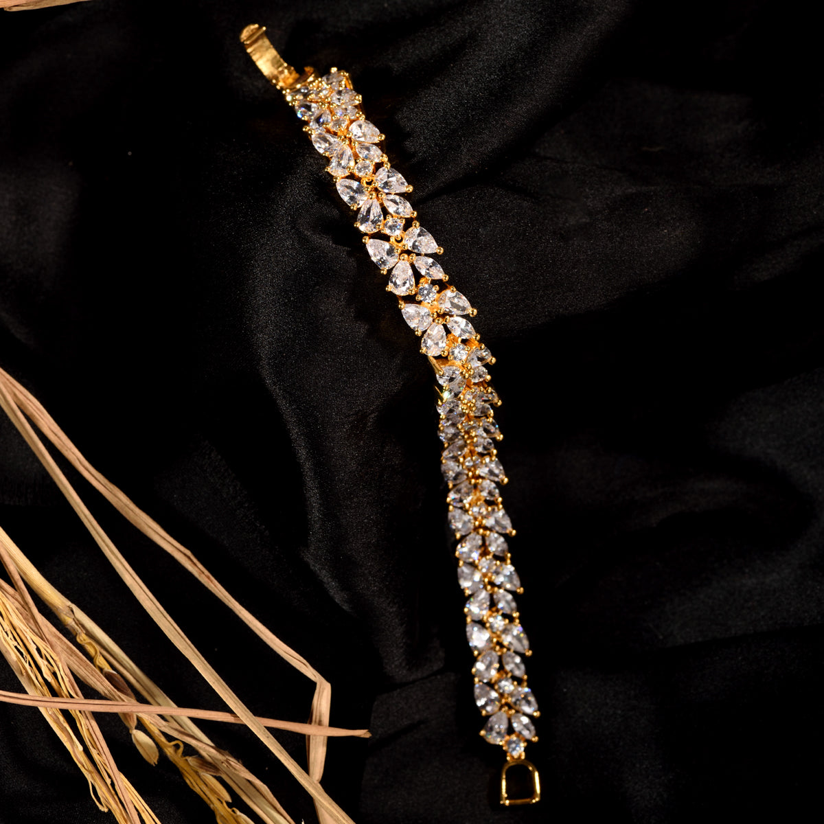 Rose Gold Plated Leaf Design White Ad Studded Designer Tennis Bracelet For Women And Girls