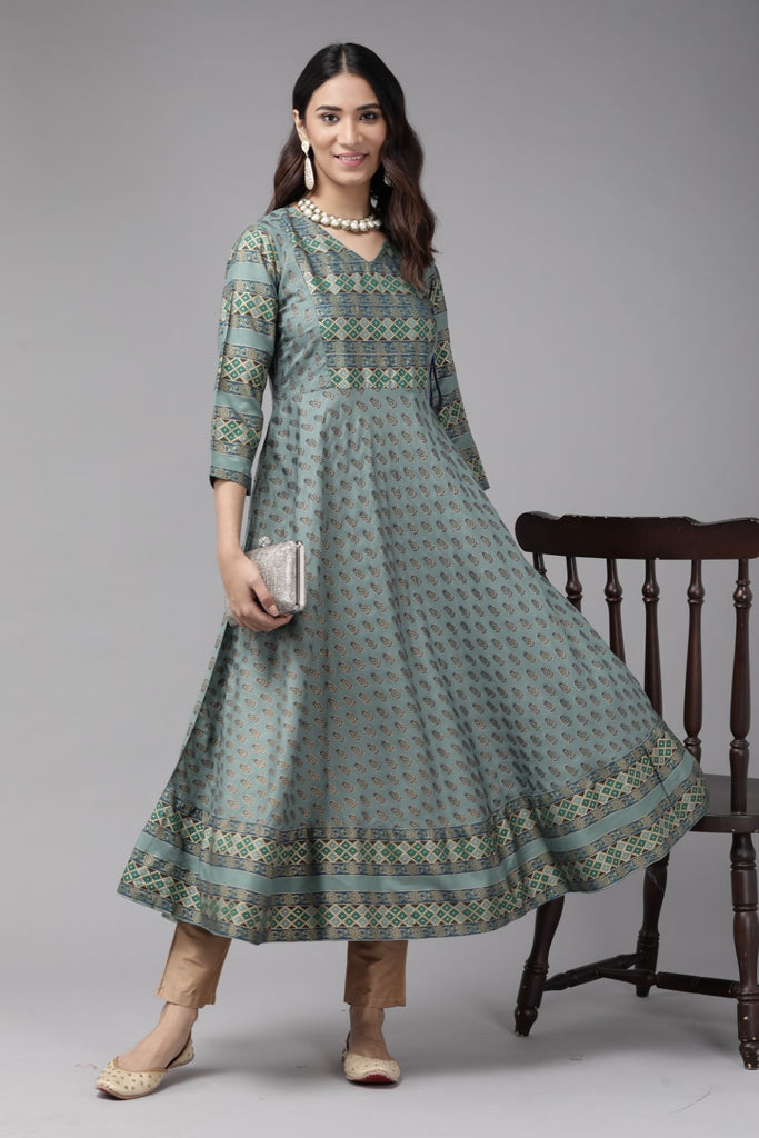 Womens Green Rayon Floral Kurta