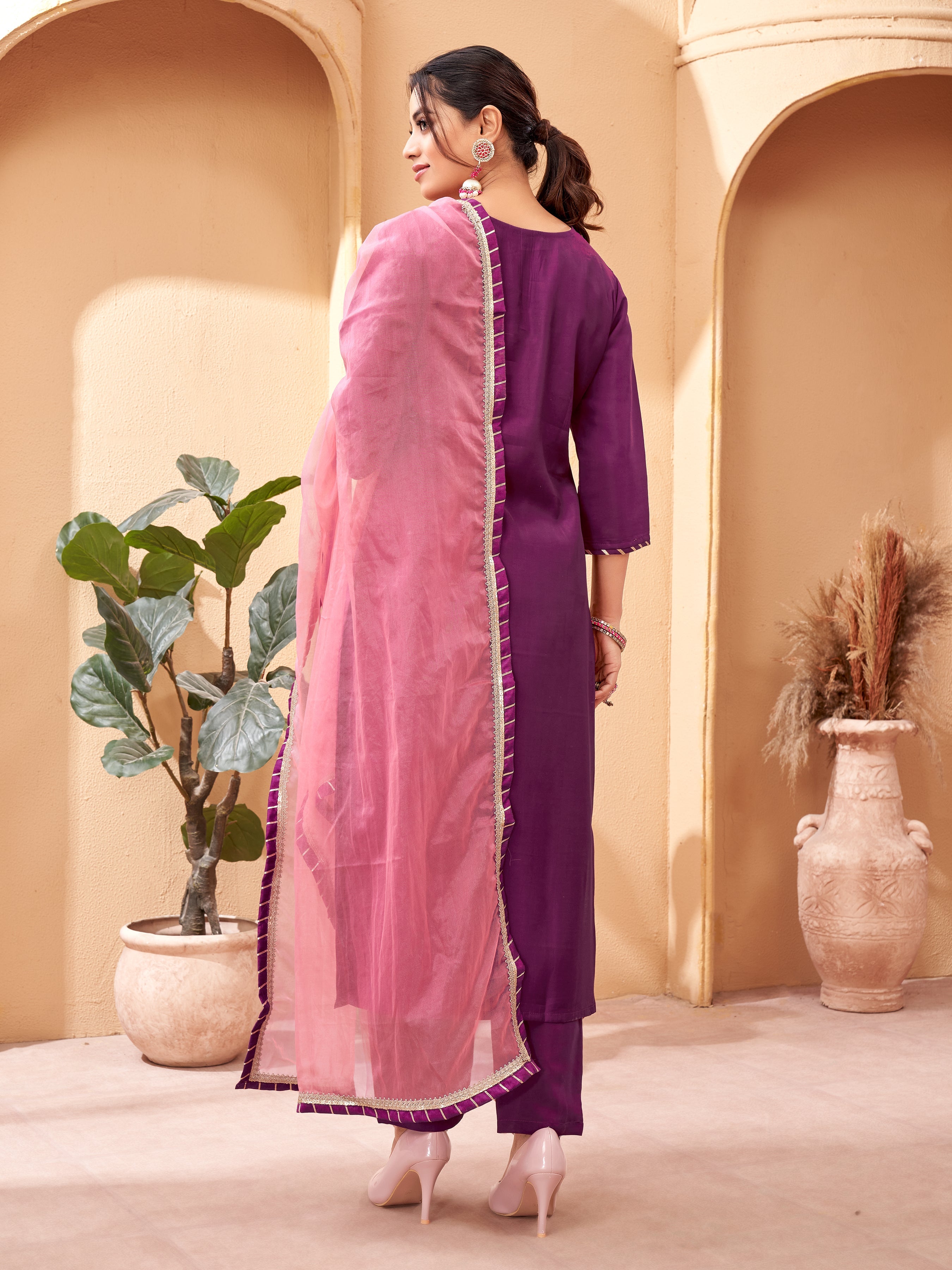 Women's V Neck Embroidered Work Silk Fabric Kurta & Pant With Dupatta Set - Taantav