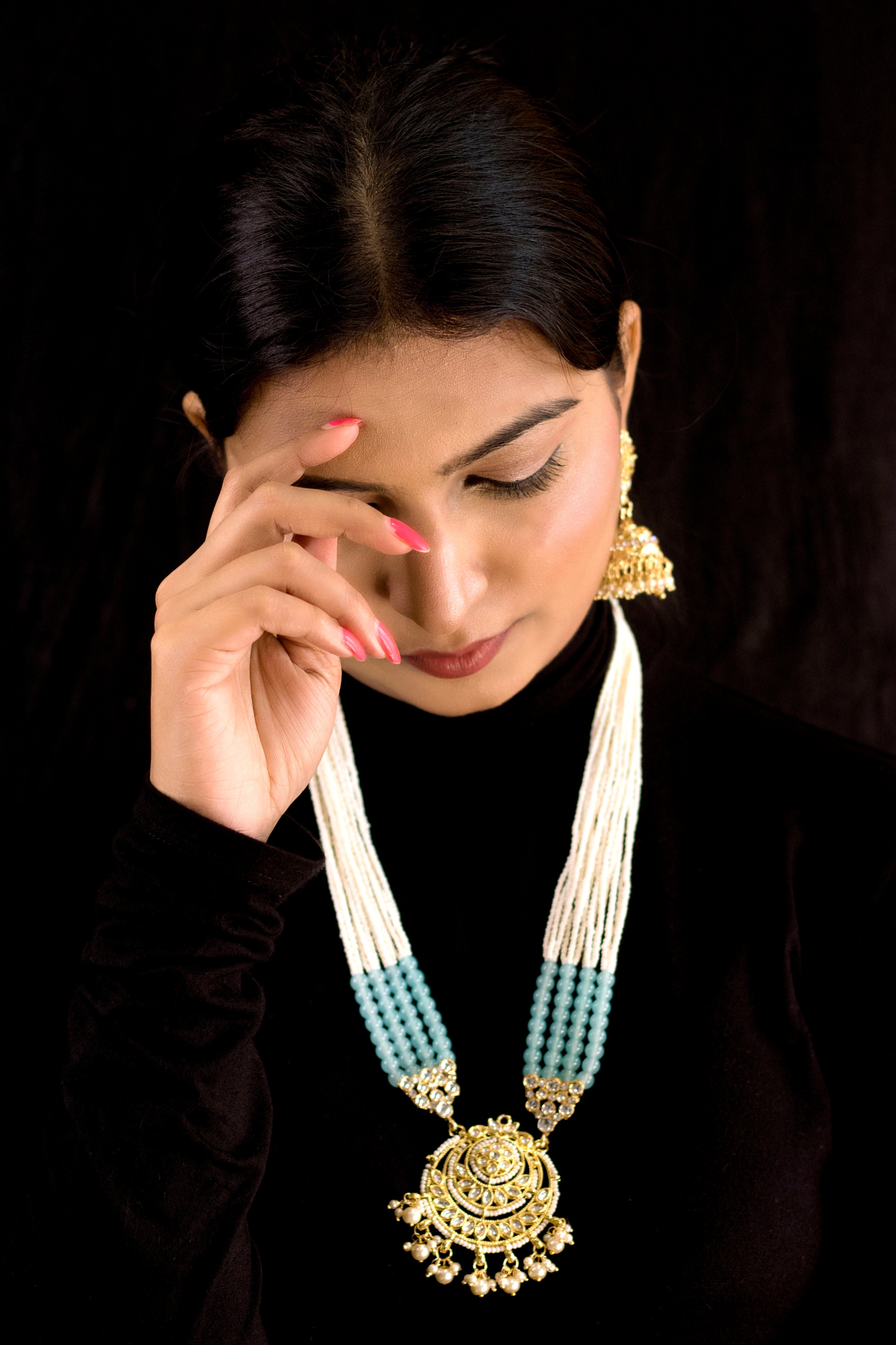 Women's Gold Plated Turquoise Ethnic Kundan Pearl Studded Long Necklace Set