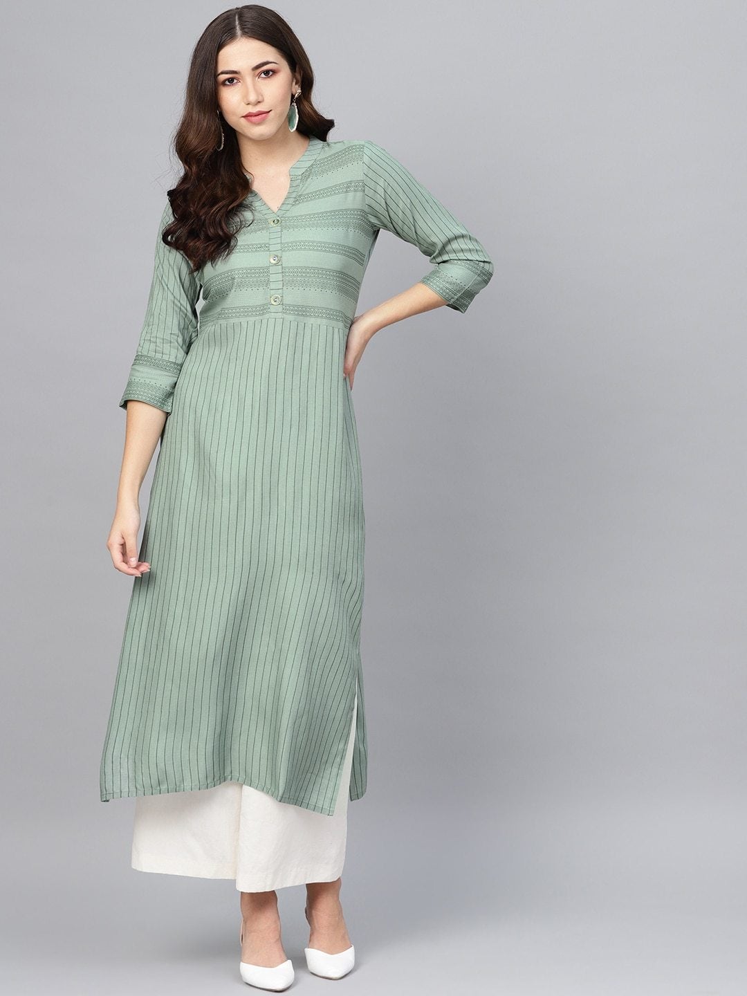 Women's Green Striped Straight Kurta