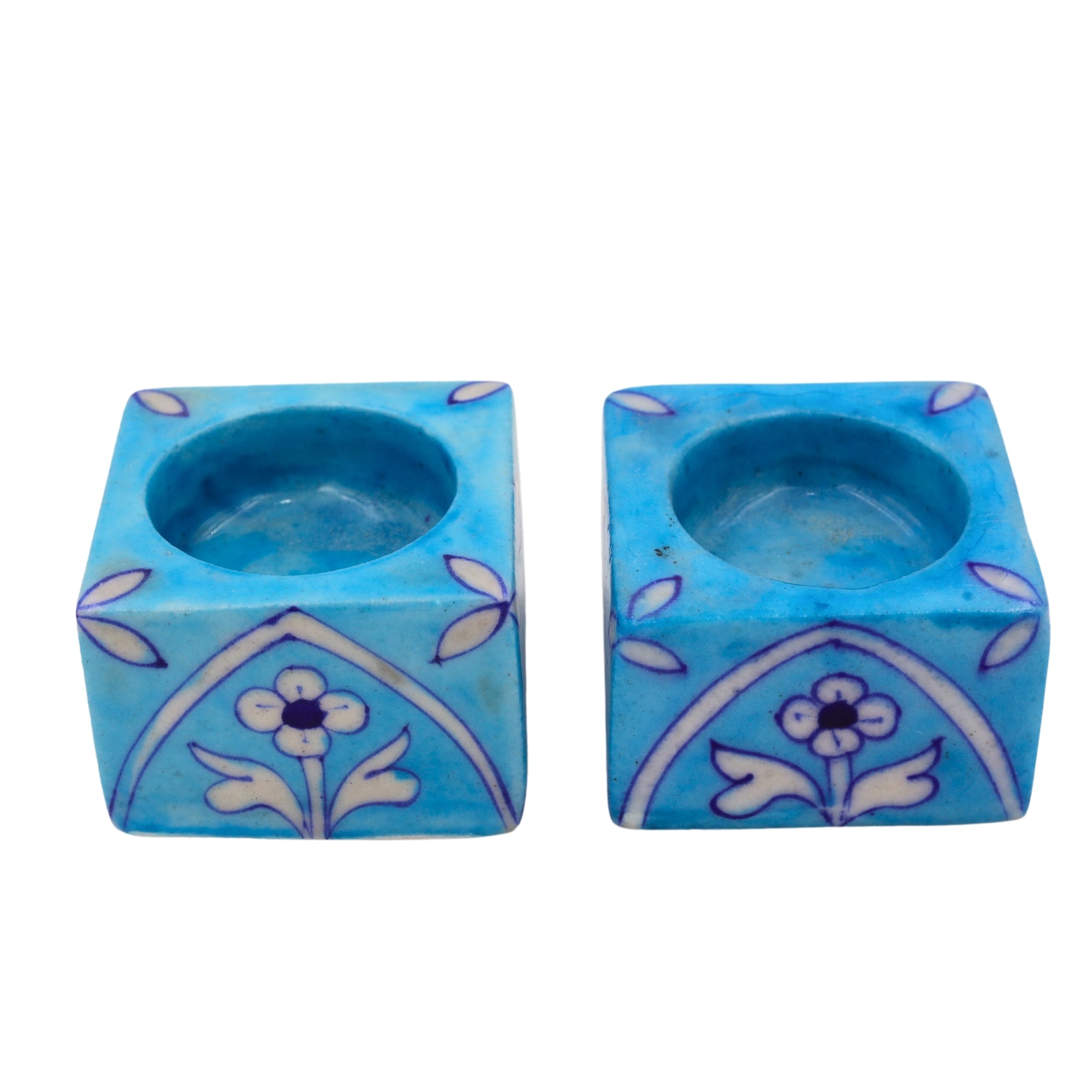 Set of 2 Blue Pottery T-Light Candles Holders - Natriel