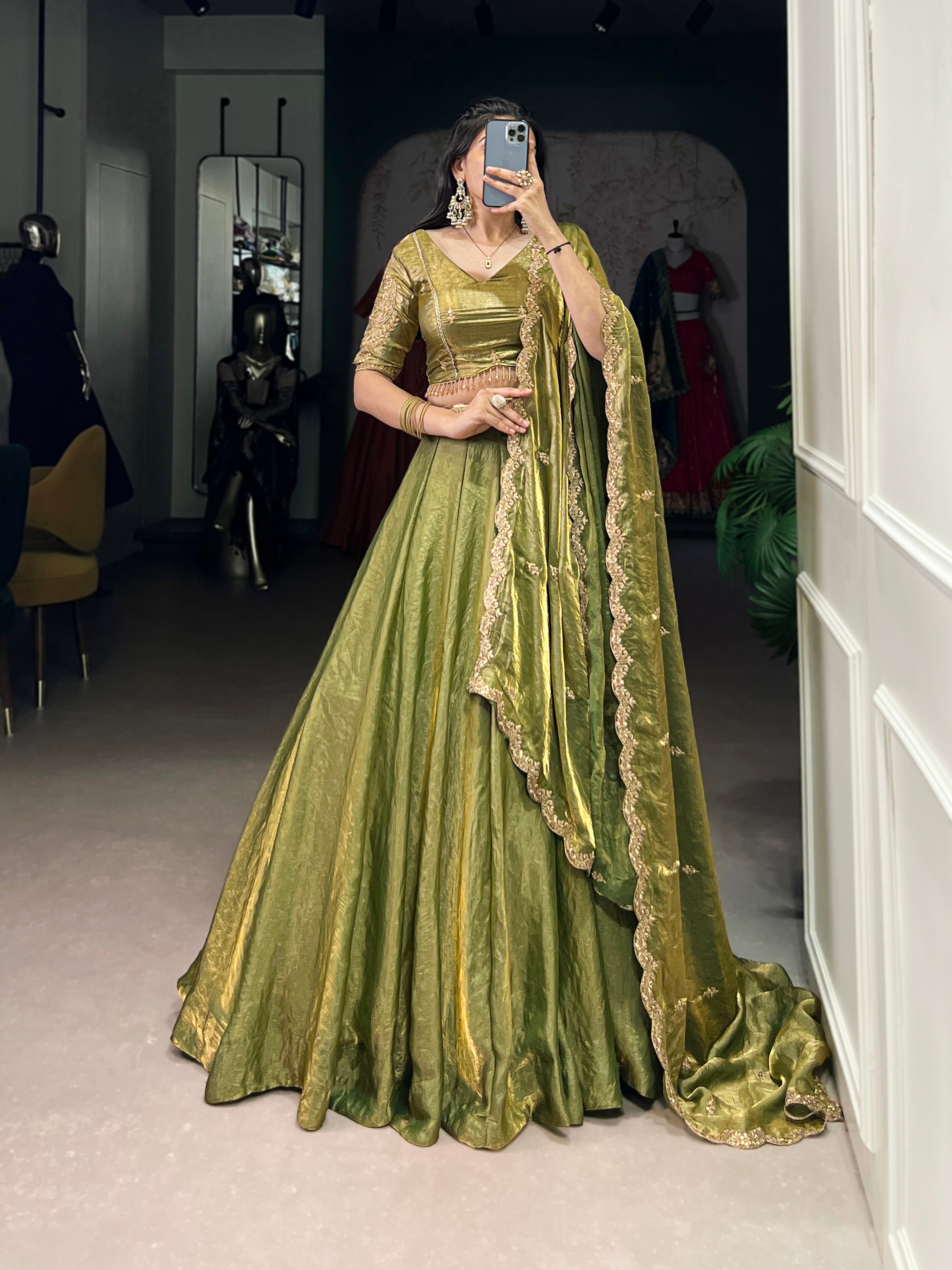 silk lehenga dress Women's Mahendi Fendi Silk Sequins And Thread Embroidery Work Belt Lehenga Choli With Dupatta