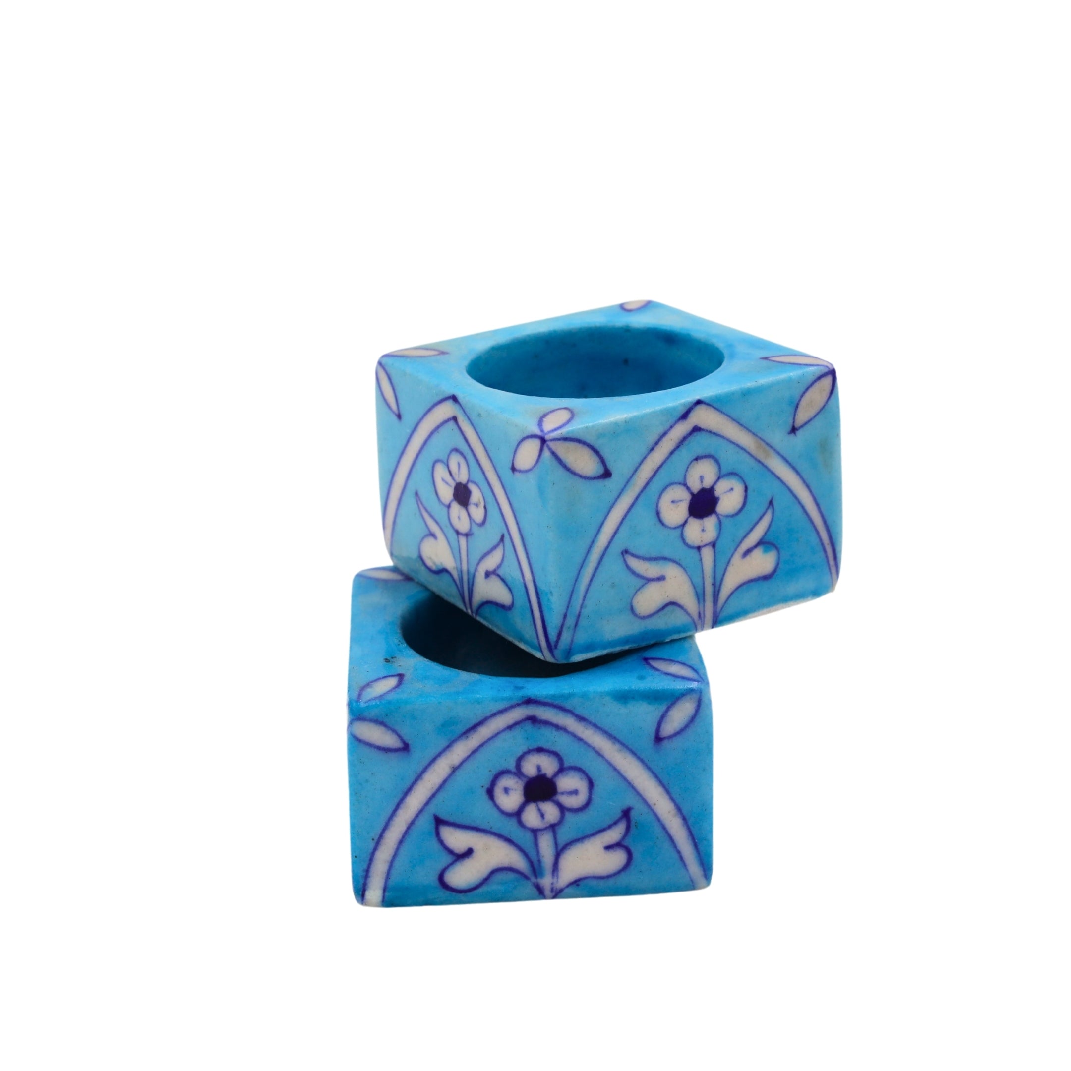 Set of 2 Blue Pottery T-Light Candles Holders - Natriel