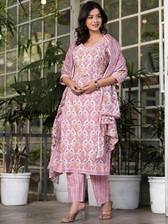 Women's Ethnic Motifs Printed Pure Cotton Straight Kurta with Palazzos & With Dupatta - Taantav