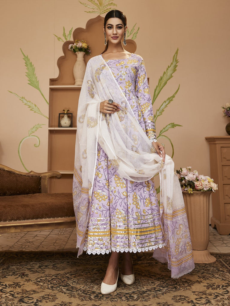 Women's Hand block Printed Lavender Anarkali Cotton Kurta With Trousers & Dupatta