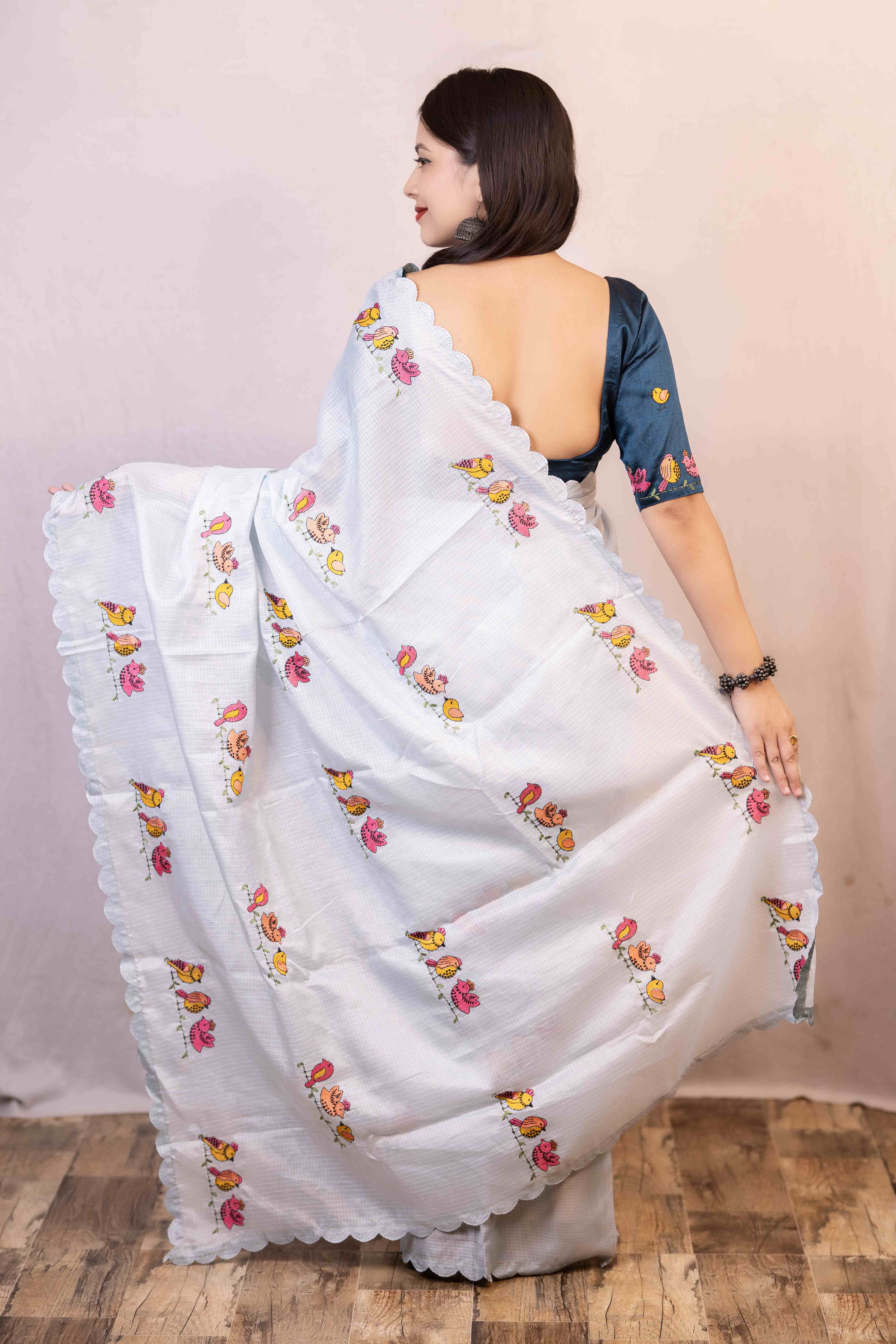 Women's Blue Jute Cotton Embroidery Saree - Stava Creation