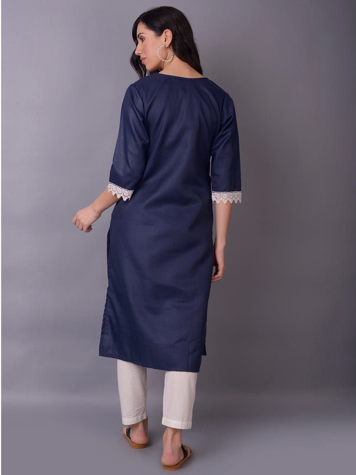 Women's Cotton Navy Blue Solid Kurta