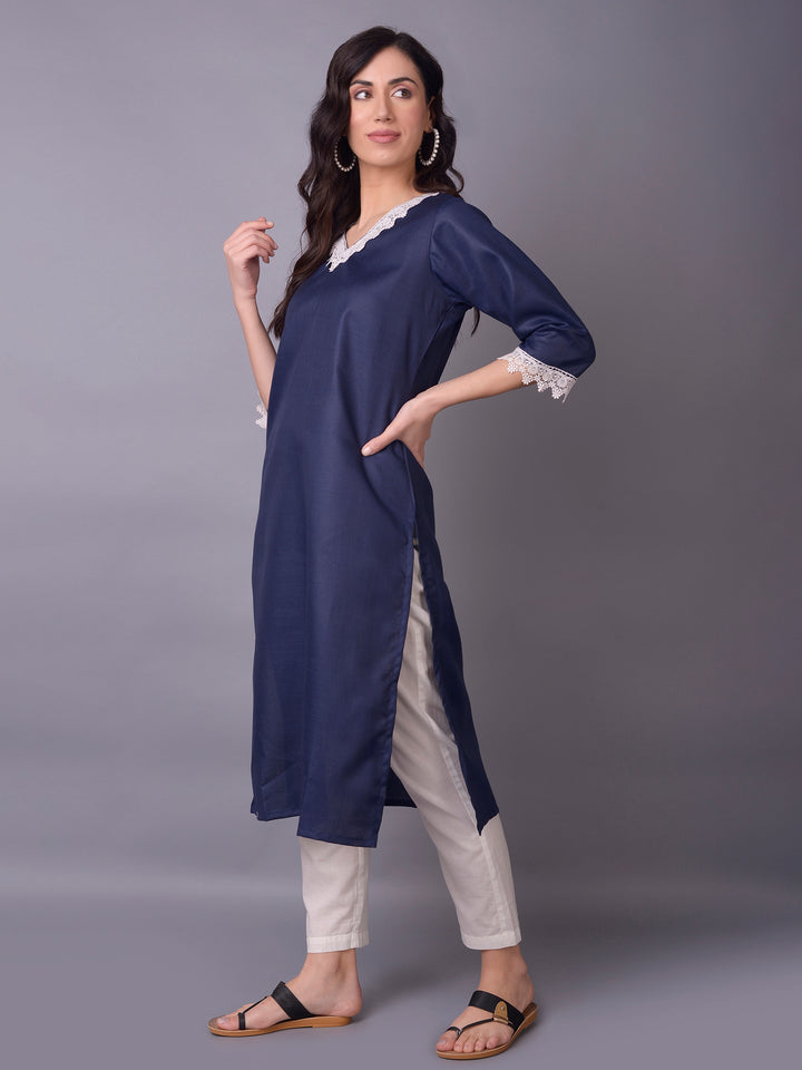 Women's Cotton Navy Blue Solid Kurta