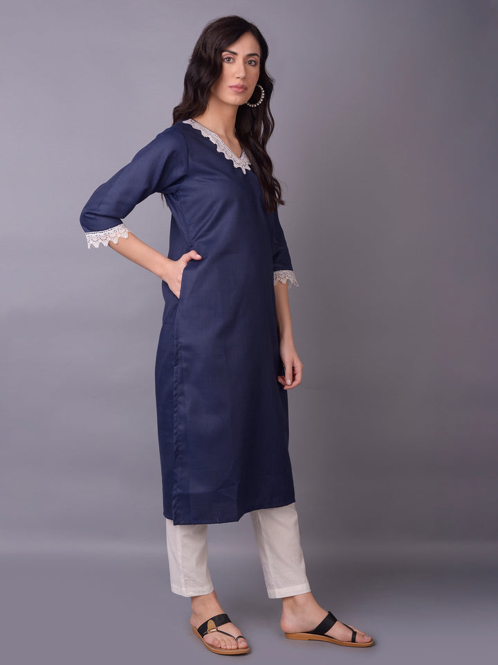 Women's Cotton Navy Blue Solid Kurta