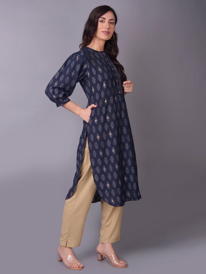 Women's Crepe Navy Blue Solid Kurta