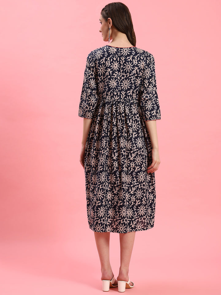 Women's Cotton Indigo Floral Print Dress