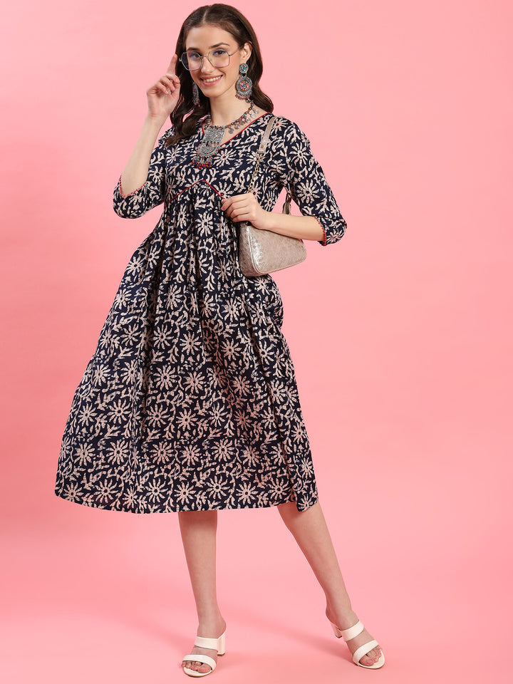 Women's Cotton Indigo Floral Print Dress