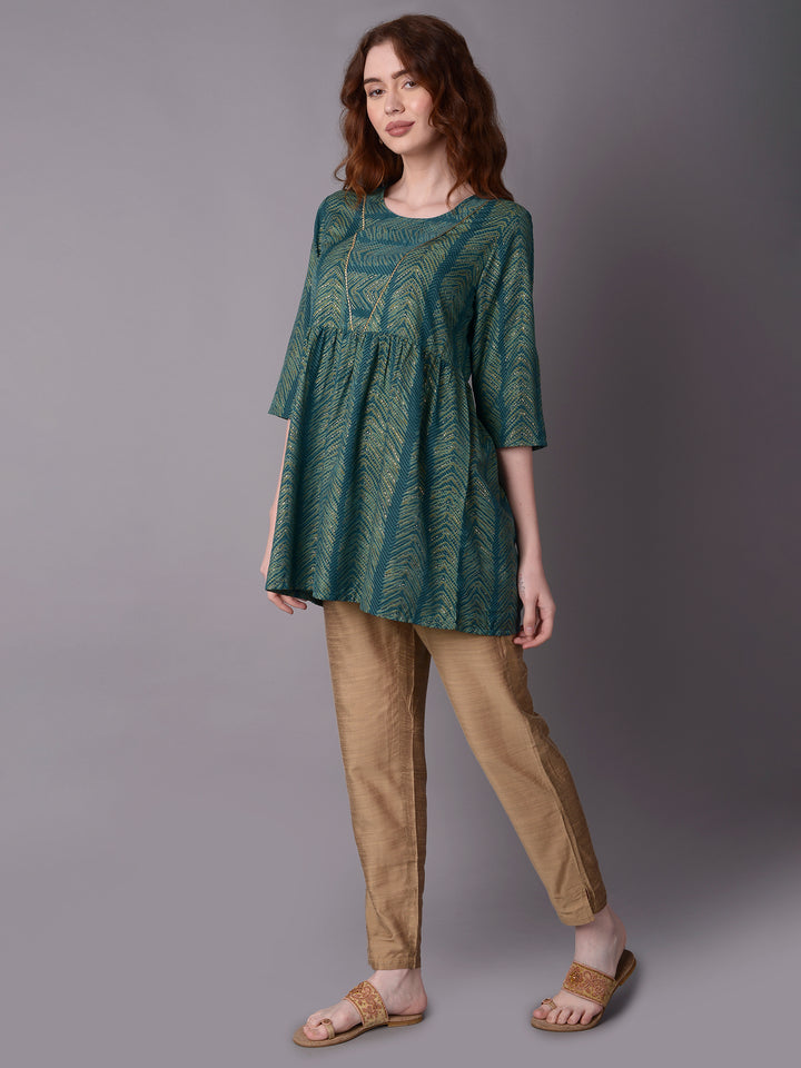 Women's Muslin Teal Geometric Print Kurti