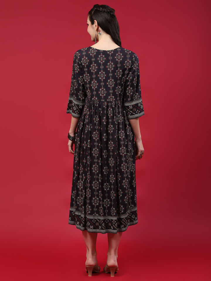 Women's Liva (Rayon) Navy Blue Aztec Print Dress