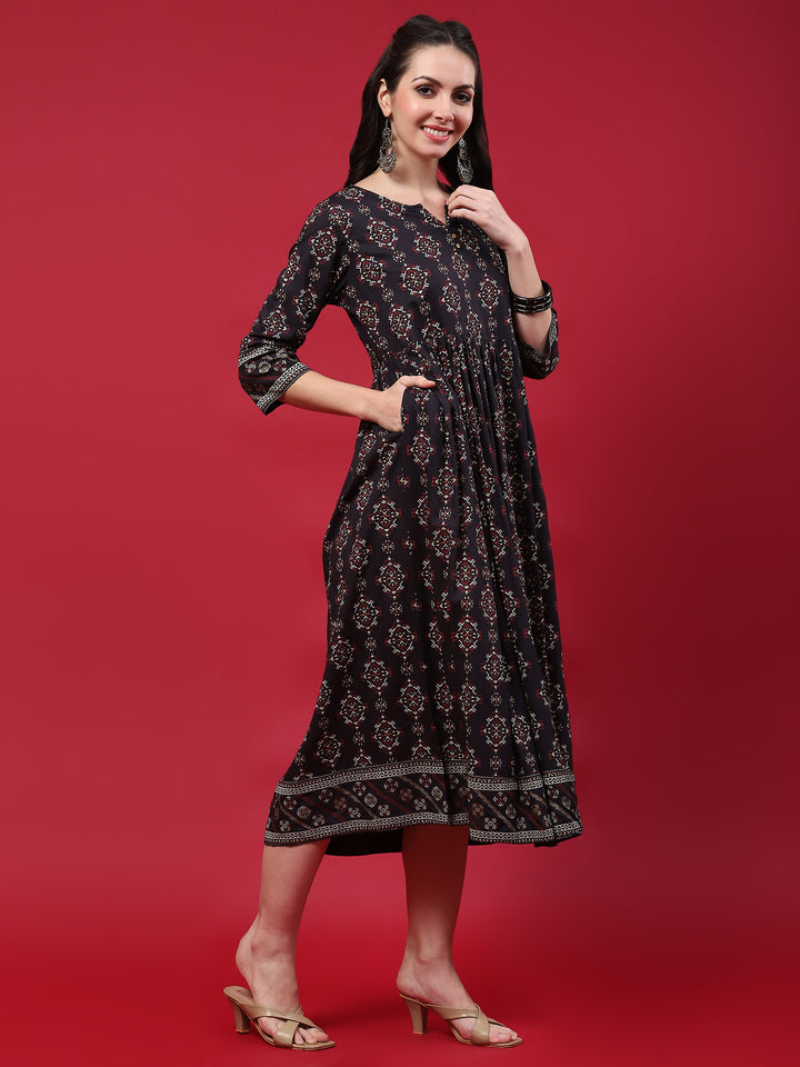 Women's Liva (Rayon) Navy Blue Aztec Print Dress