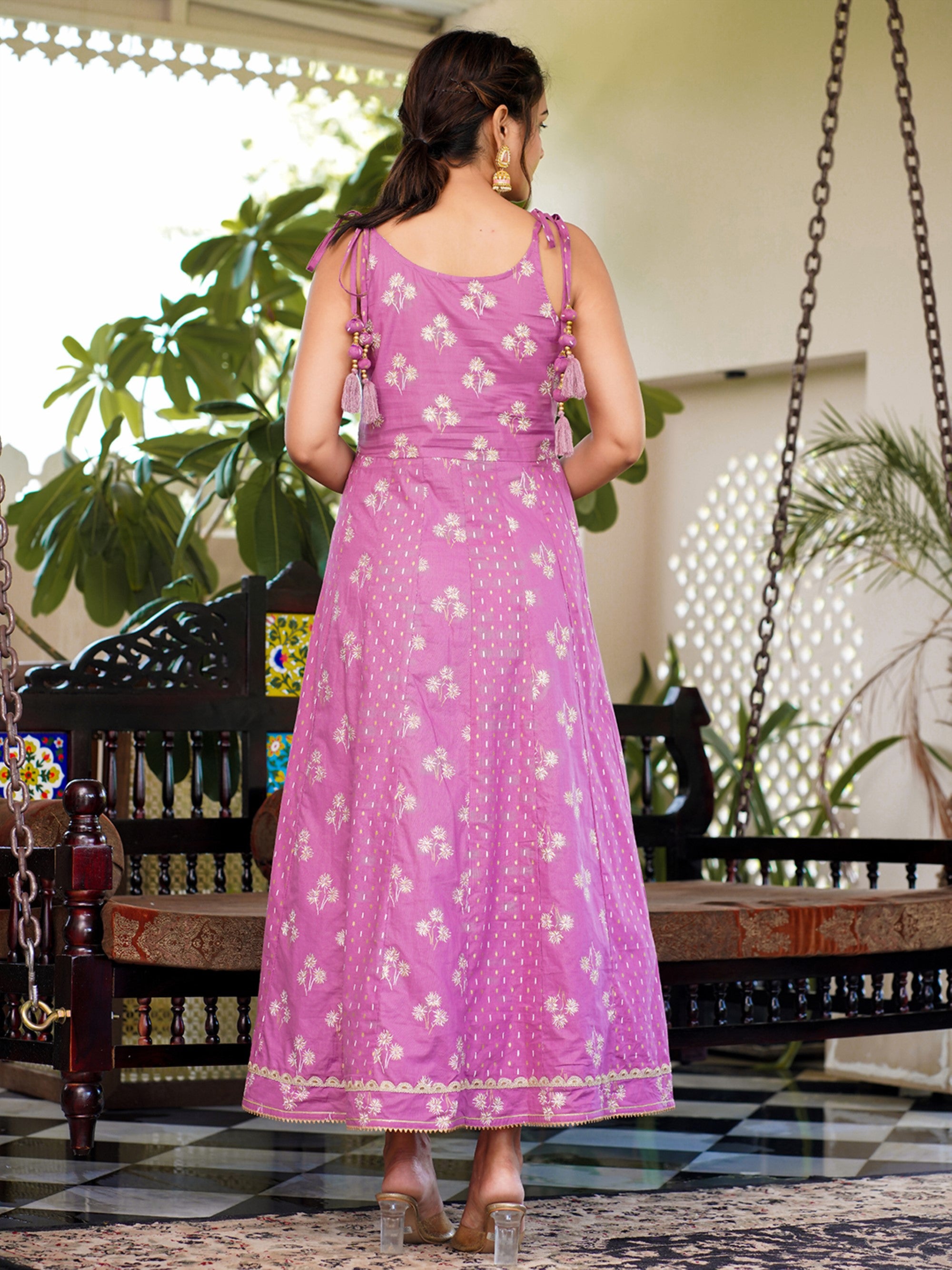 Women's Purple Strappy Anarkali Dress - Yufta