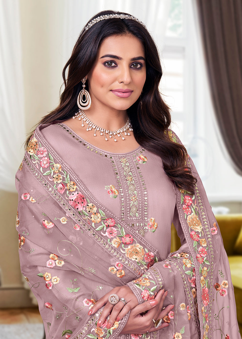Women's Maheshwari Viscose Silk Embroidred Suit In Light Mauve - Monjolika