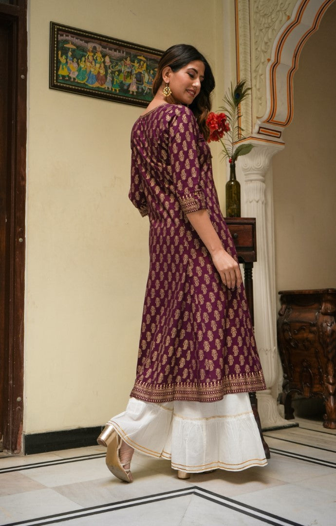 Womens Wine Cotton Floral Kurta - Yash Gallery