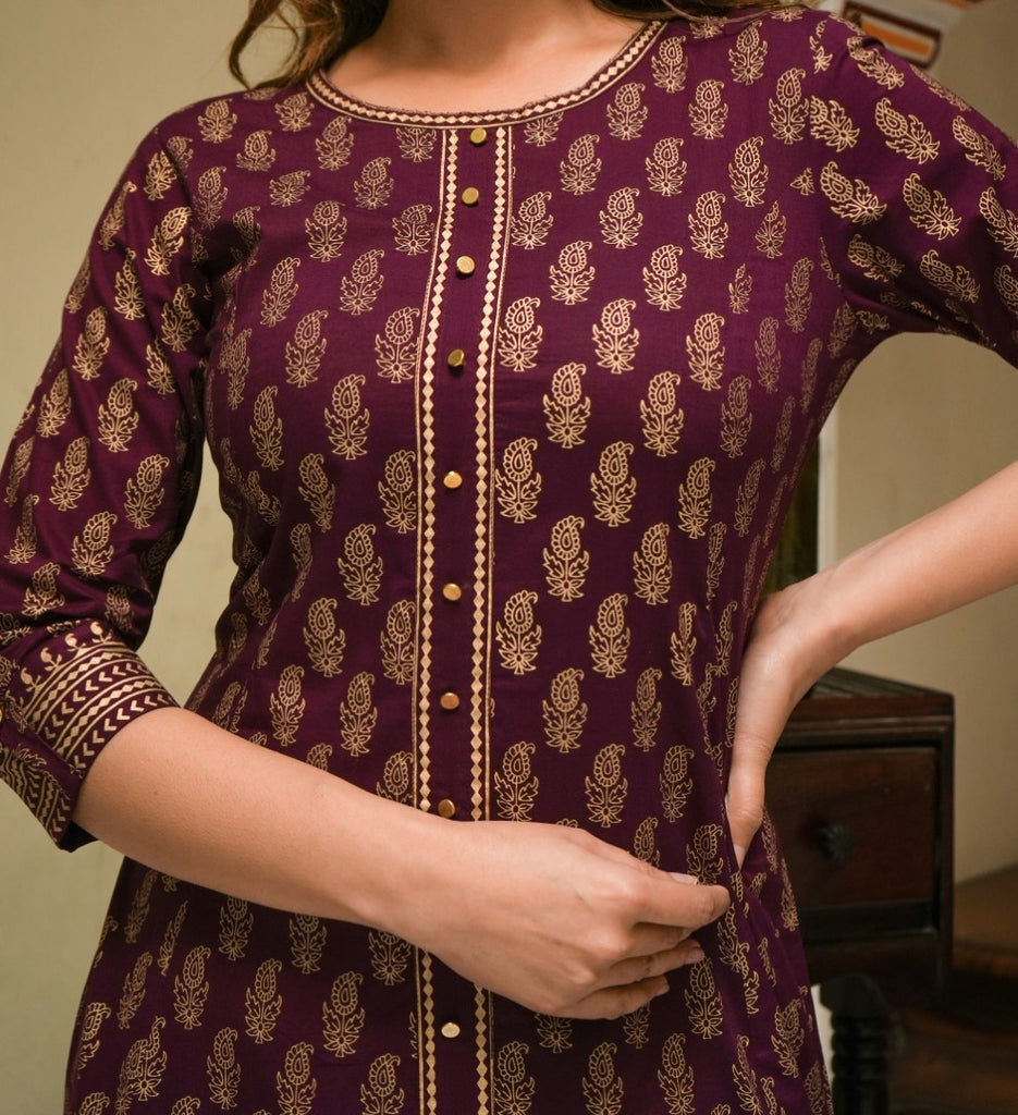Womens Wine Cotton Floral Kurta