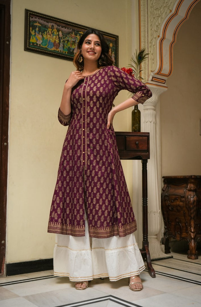 Womens Wine Cotton Floral Kurta