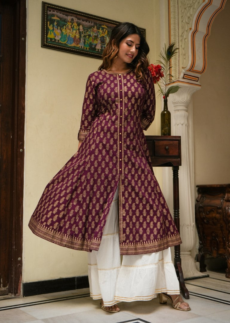 Womens Wine Cotton Floral Kurta - Yash Gallery