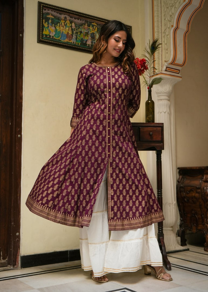 Womens Wine Cotton Floral Kurta