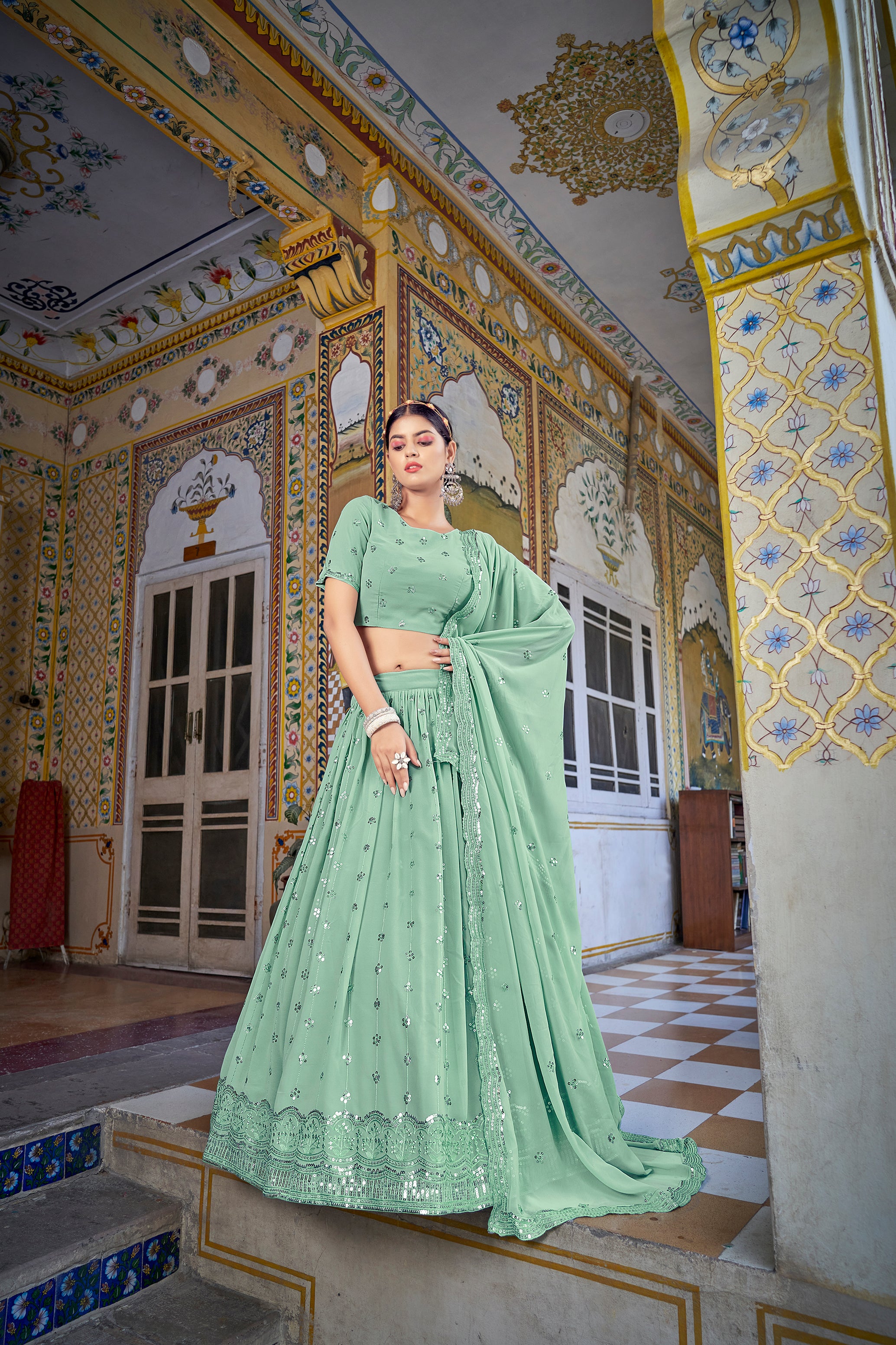 Women's Pista Green Georgette Thread Sequence Embroidered Lehenga Set - Shubhkala