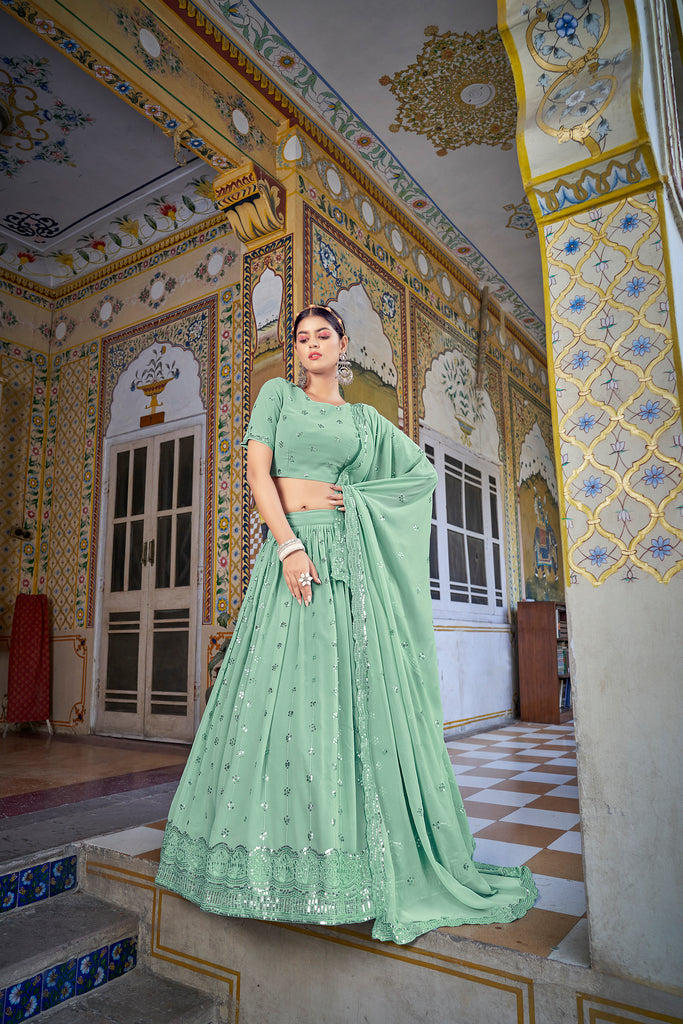 Women's Pista Green Georgette Thread Sequence Embroidered Lehenga Set
