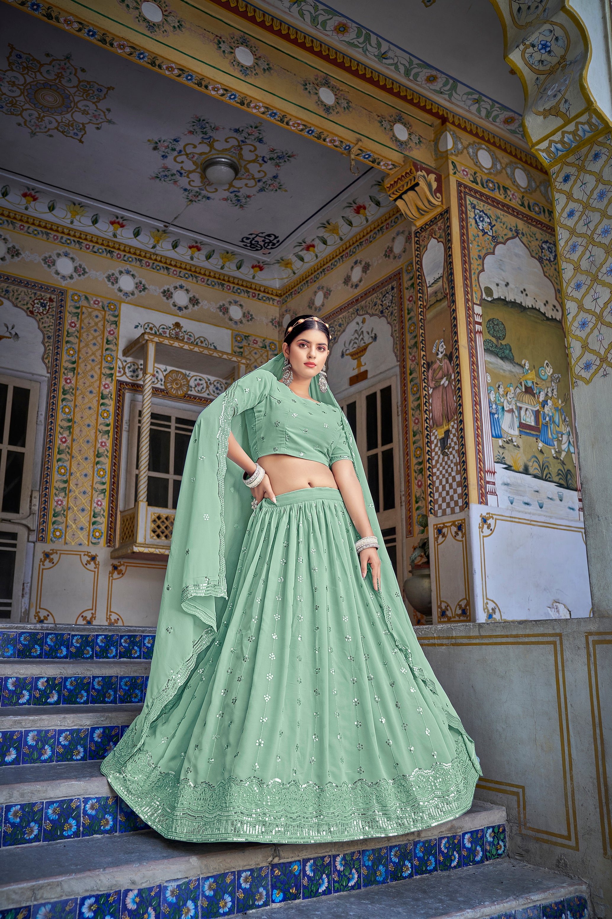 Women's Pista Green Georgette Thread Sequence Embroidered Lehenga Set - Shubhkala